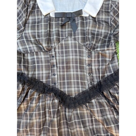 Vintage Style Plaid Dress Gothic Victorian Puff Sleeves White Collar Black Bow R - Picture 6 of 10